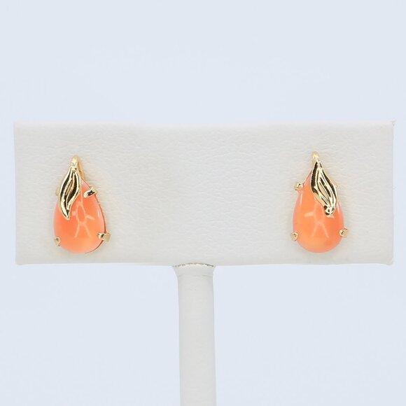 14K Dyed Coral Mother of Pearl Teardrop Shape Post Earrings and Gold Leaf Accent - Picture 1 of 5